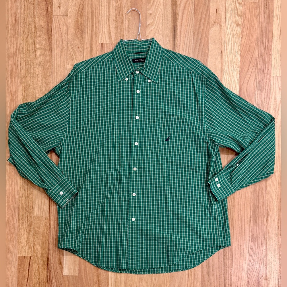 Men’s‎ Nautica Green, White, Yellow Plaid Collared Button Down Shirt, Size Large